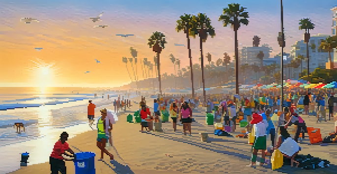 Volunteers of various ethnicities cleaning the beach during sunset in Santa Monica.