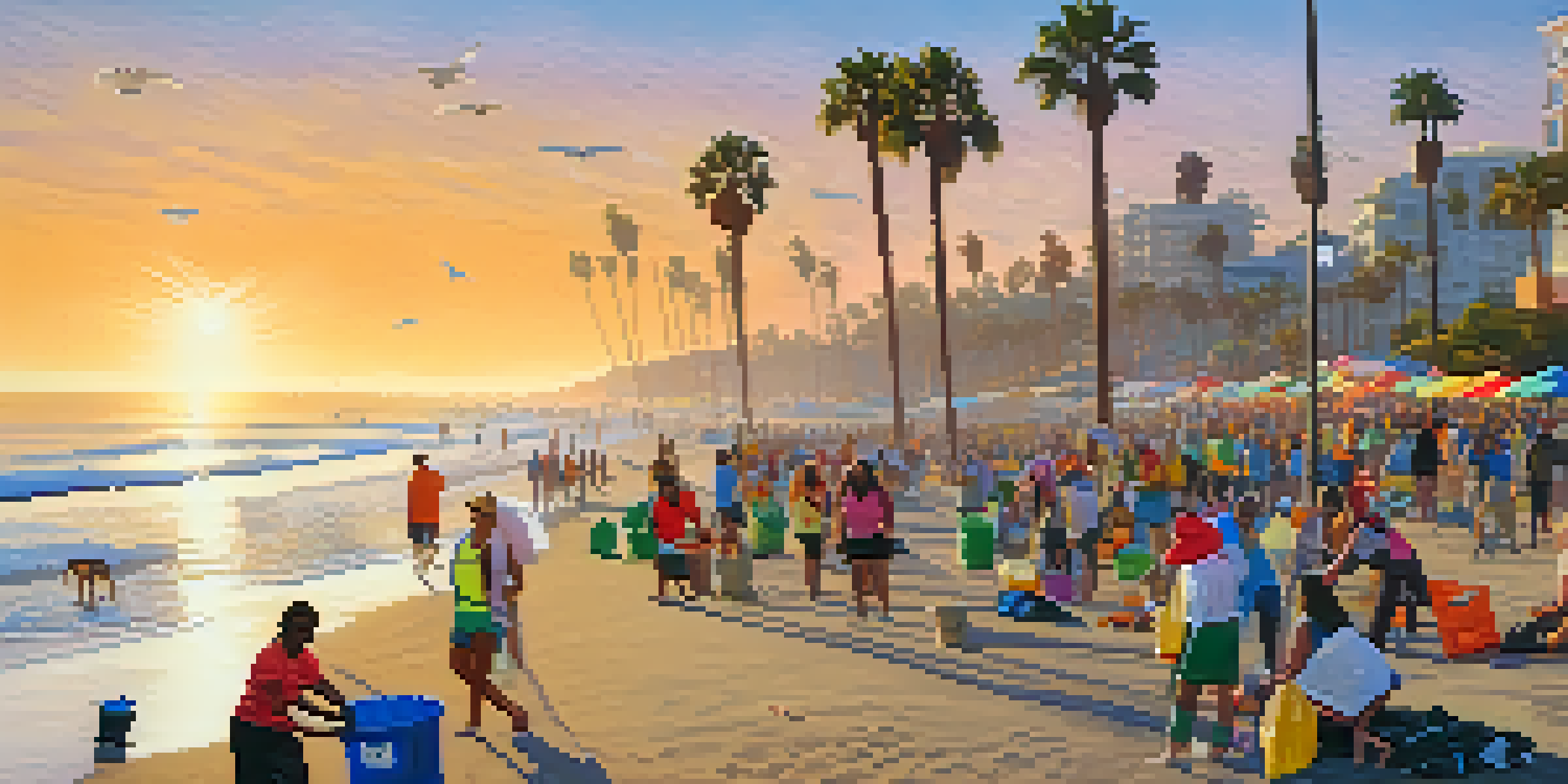 Volunteers of various ethnicities cleaning the beach during sunset in Santa Monica.