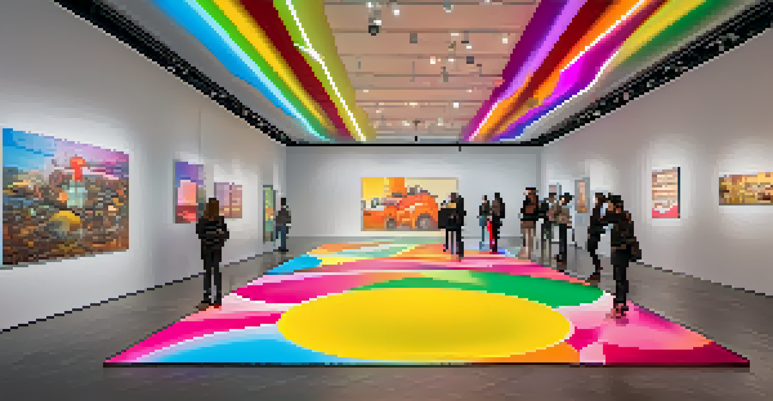An interactive digital art installation with colorful animations in a modern art gallery, attracting viewers.