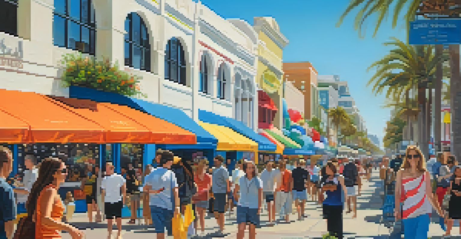 A bustling Third Street Promenade with shoppers and street performers in the heart of Santa Monica.