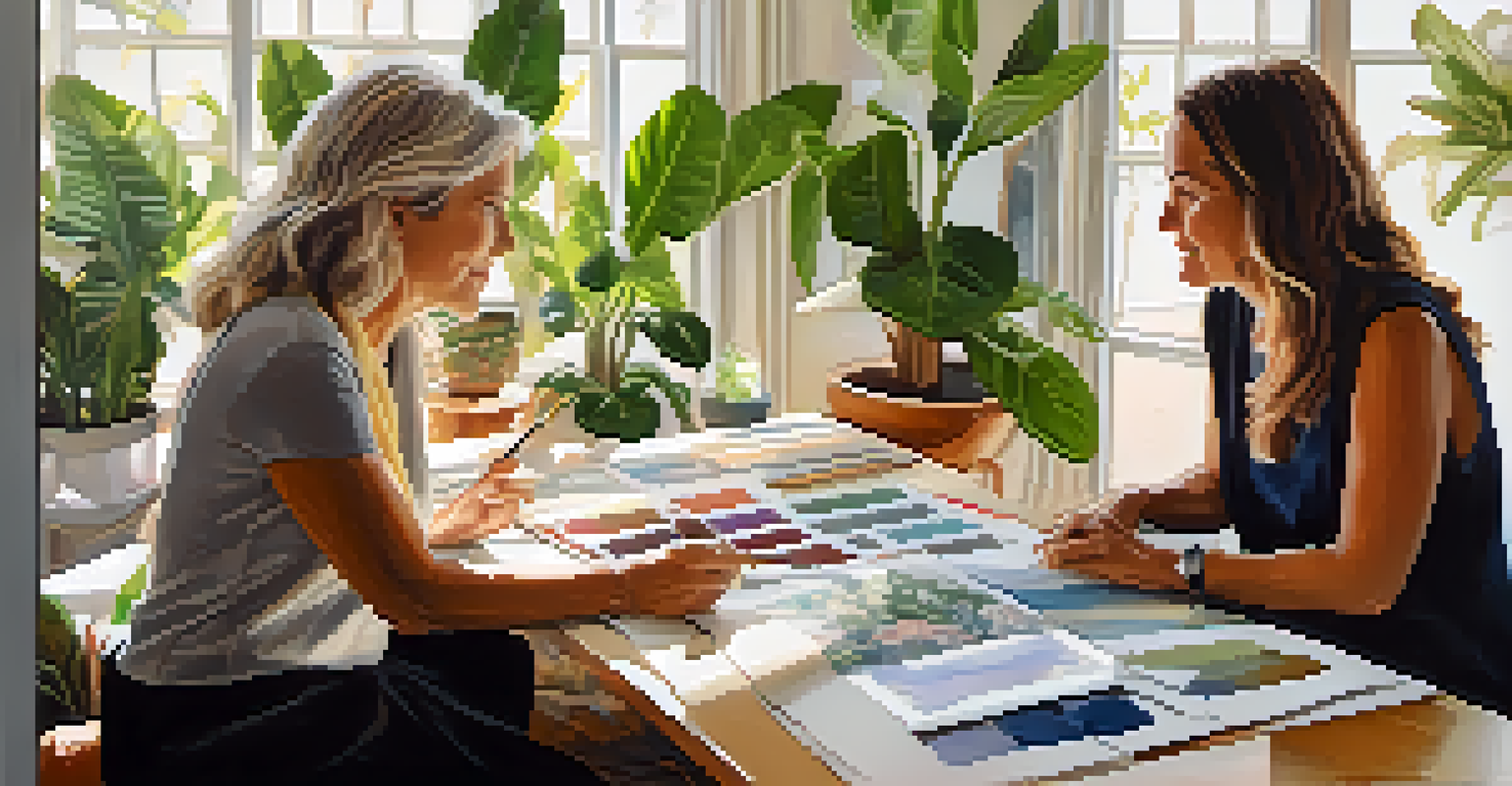 A designer discussing sustainable fashion in a cozy studio filled with fabrics and sketches.