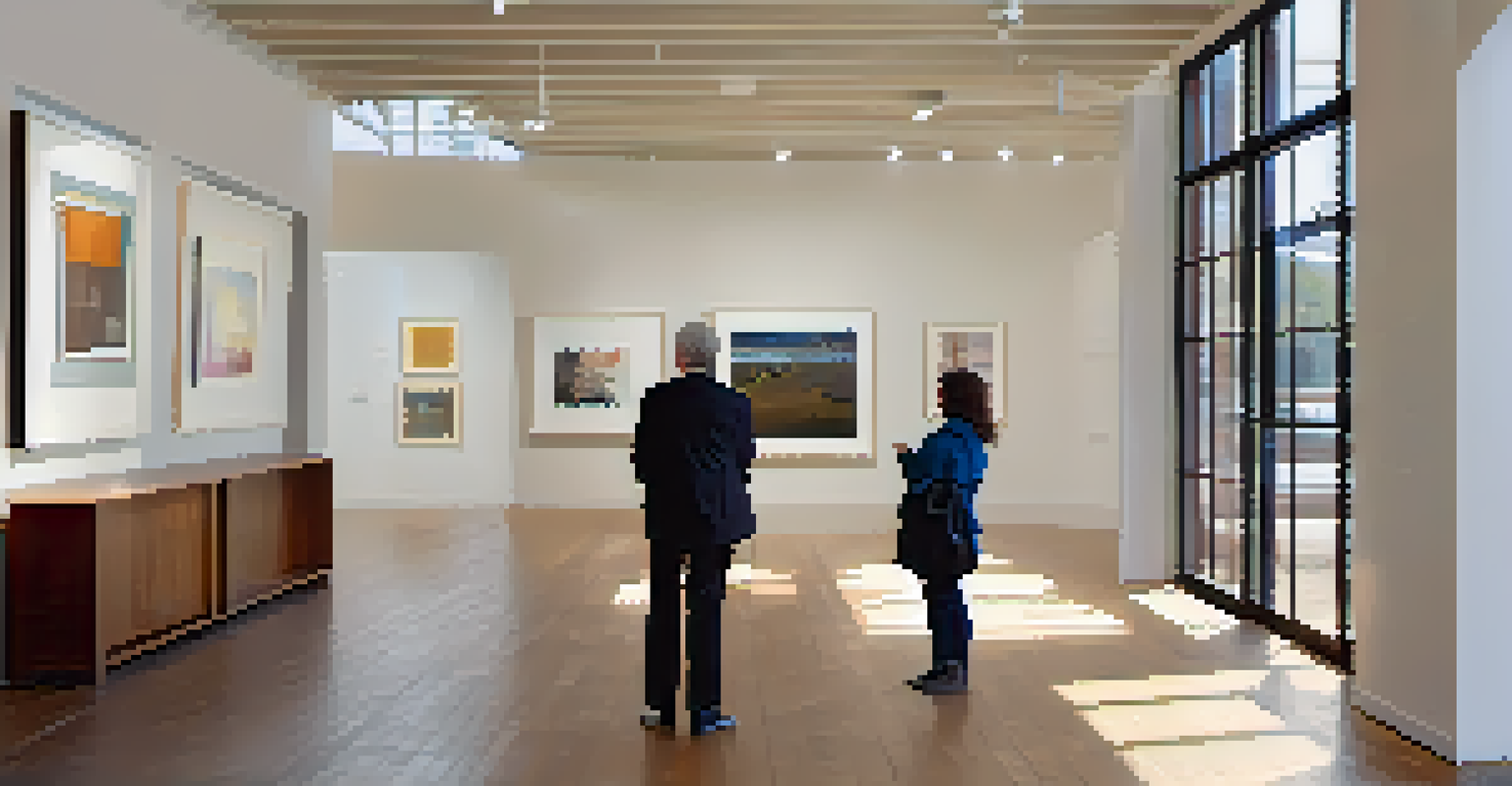 An intimate gallery at Bergamot Station, showcasing contemporary art with soft lighting and visitors observing the artworks.