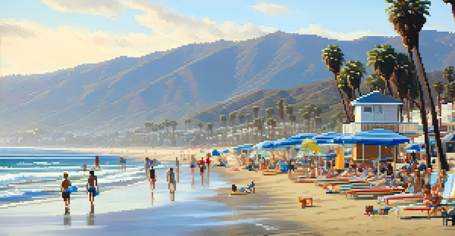 A peaceful Santa Monica beach scene with beachgoers relaxing and children playing in the sand.