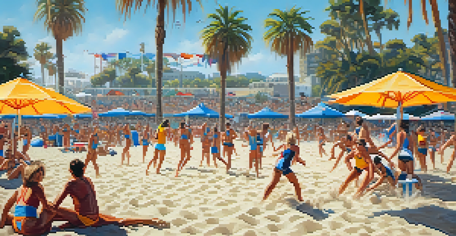Athletes competing in a beach volleyball match at Santa Monica, with spectators and colorful umbrellas in the background.