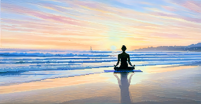 A peaceful beach at sunrise with a yoga mat and a person meditating, surrounded by gentle waves and pastel skies.