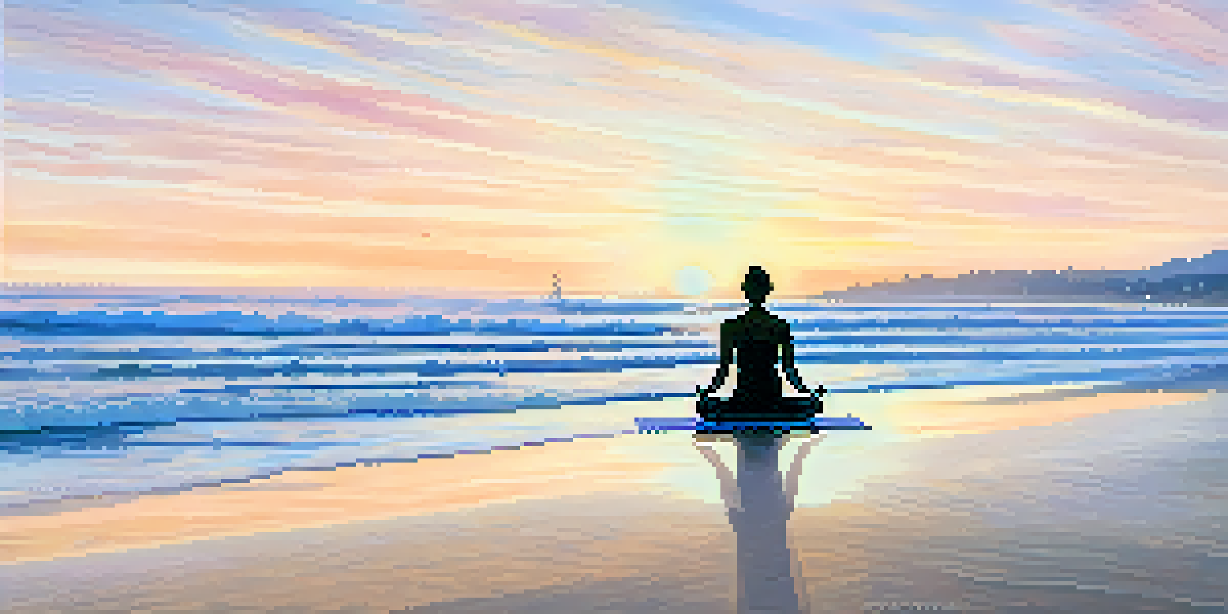 A peaceful beach at sunrise with a yoga mat and a person meditating, surrounded by gentle waves and pastel skies.
