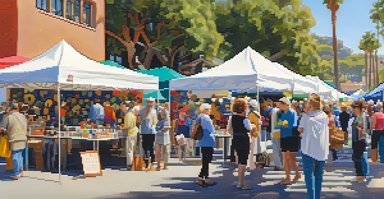 A bustling arts and crafts show in Santa Monica with local artisans, handmade goods, and visitors engaging in craft demonstrations.
