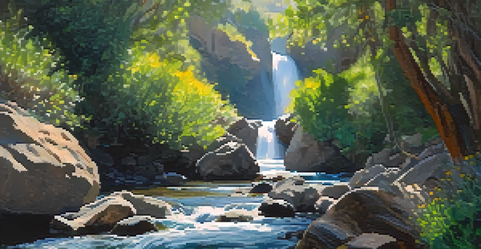 A close-up of a serene waterfall in Solstice Canyon, surrounded by greenery and flowers.