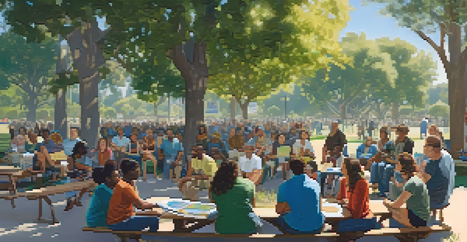 A diverse group of residents participating in a community meeting in a Santa Monica park, surrounded by trees and tables, fostering inclusivity.