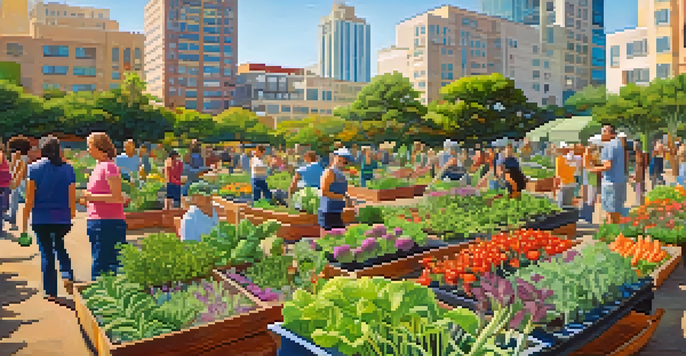 A lively community garden in Santa Monica with people planting and caring for vegetables and flowers under bright sunlight, showcasing the blend of urban life and nature.