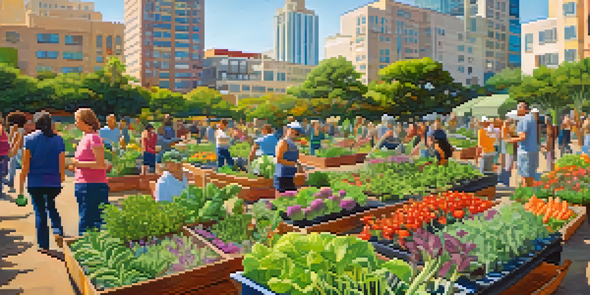 A lively community garden in Santa Monica with people planting and caring for vegetables and flowers under bright sunlight, showcasing the blend of urban life and nature.