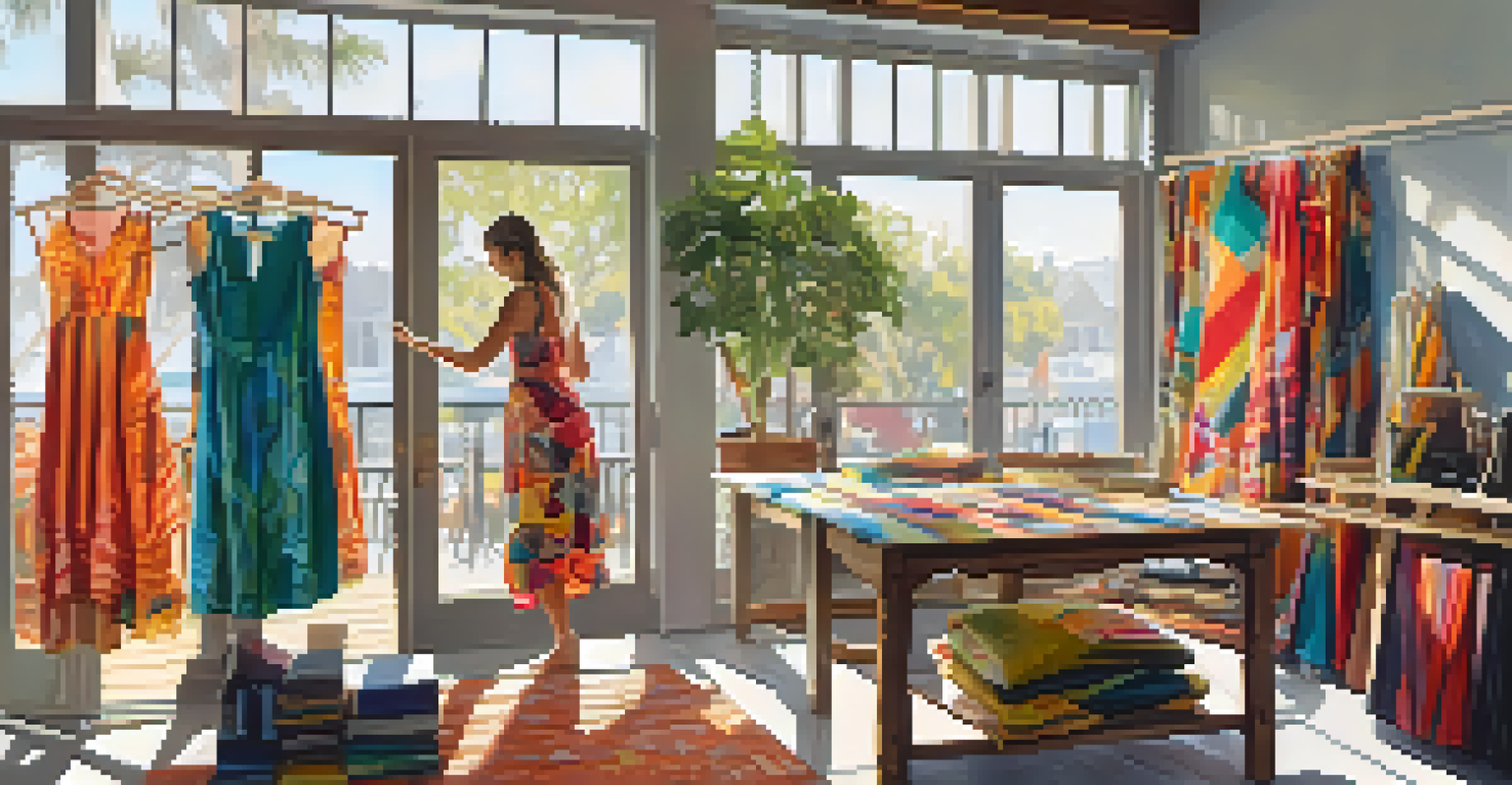 A designer working in a bright studio filled with colorful fabrics and sketches, showcasing a commitment to sustainable fashion.
