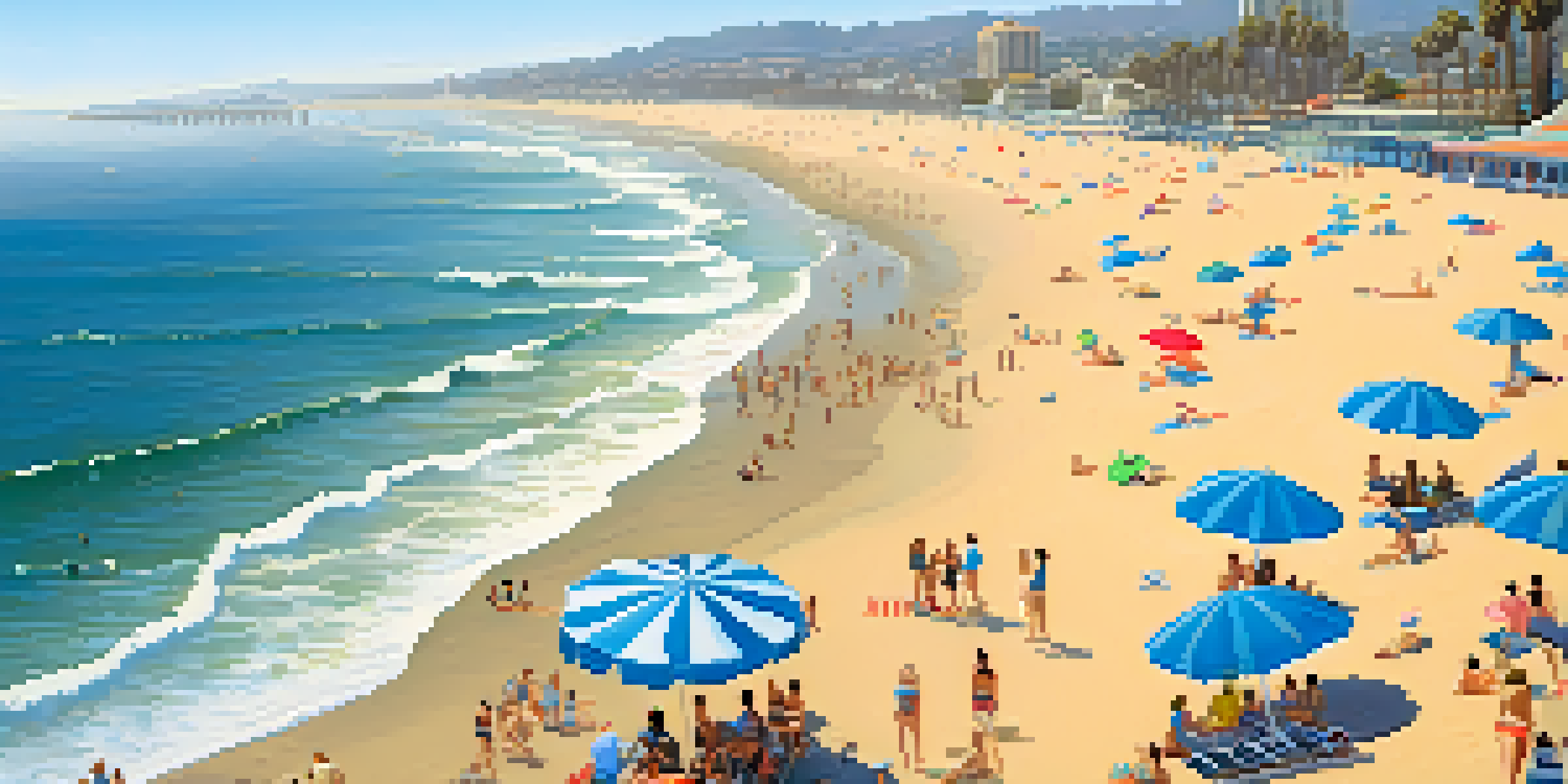 Aerial view of Santa Monica's coastline with beaches, waves, and the Santa Monica Pier under a clear blue sky.