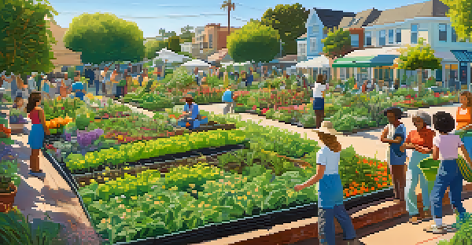 A community garden in Santa Monica with diverse residents gardening together under a blue sky, surrounded by colorful flowers and lush green plants.