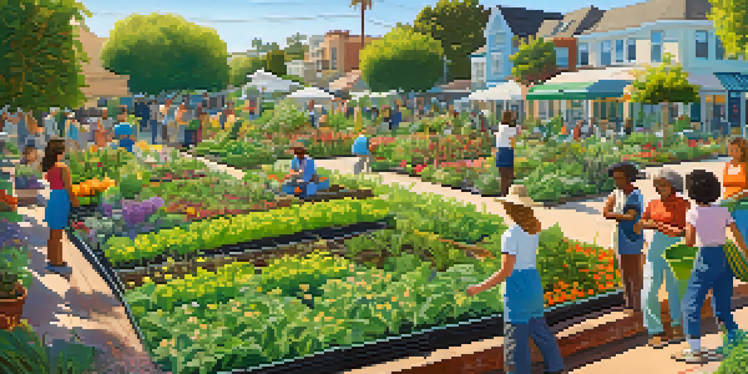 A community garden in Santa Monica with diverse residents gardening together under a blue sky, surrounded by colorful flowers and lush green plants.
