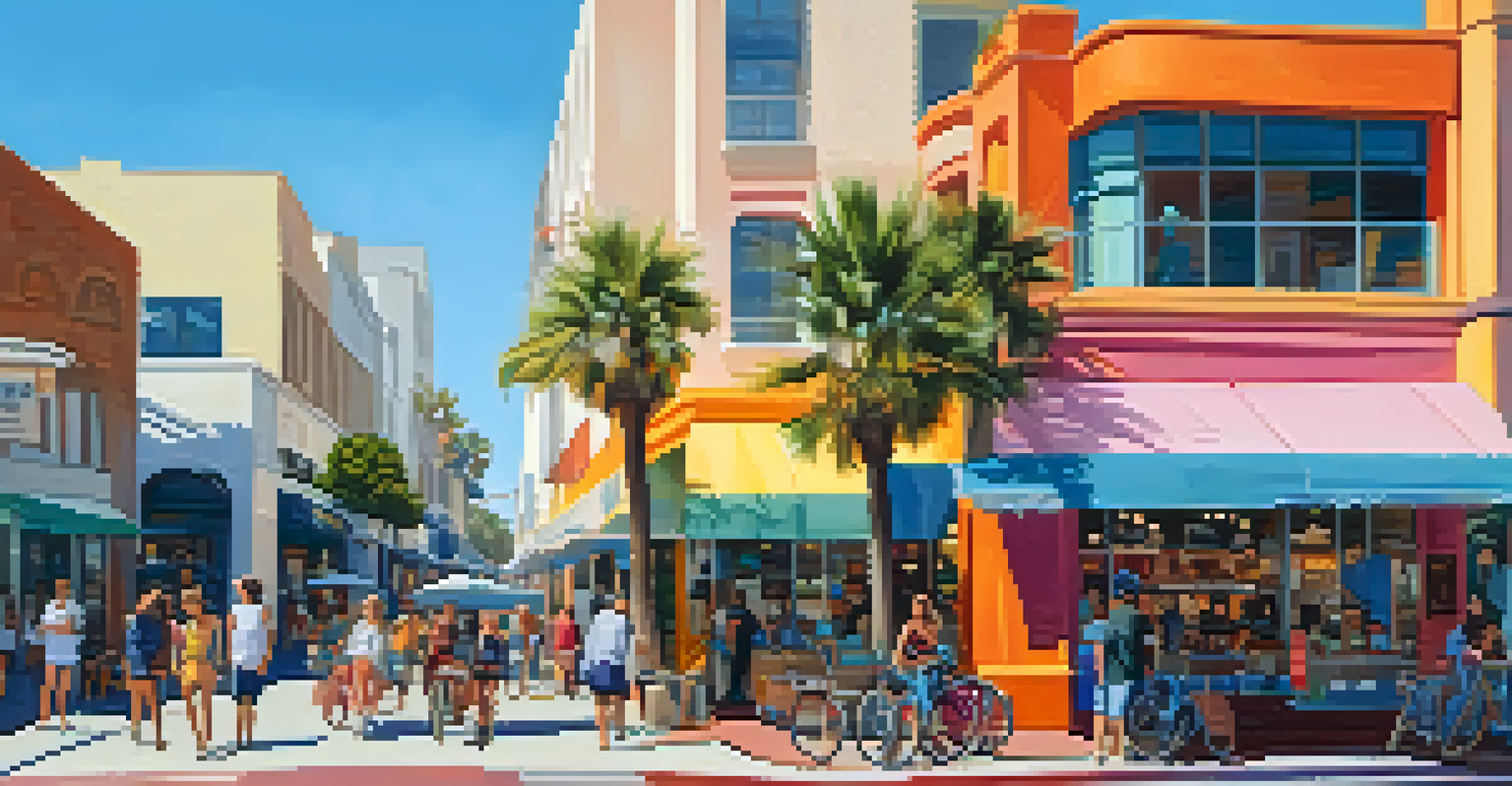 A lively street view of Santa Monica, featuring modern shops and historic architecture with people enjoying the day.