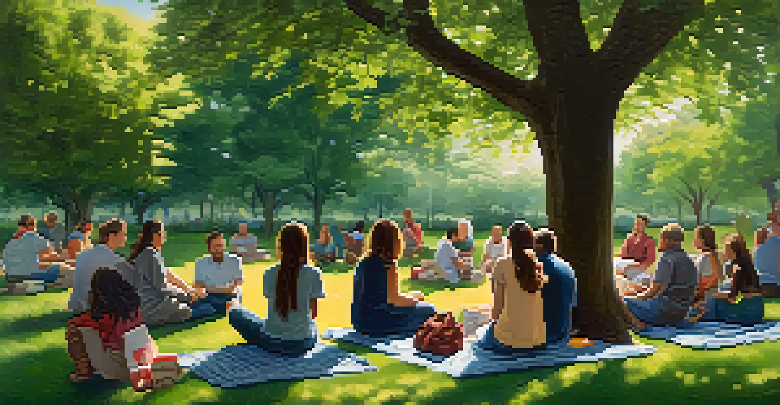 A group of individuals sitting on picnic blankets in a park, engaged in an outdoor support group session under a large tree.