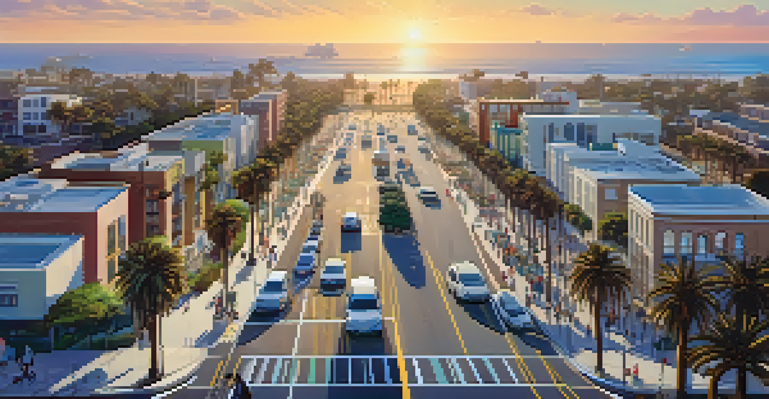 An aerial view of Santa Monica showing bike lanes, pedestrian paths, and electric vehicle charging stations with the ocean in the background.