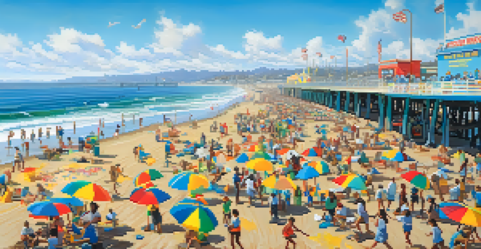 Volunteers of different ages cleaning up litter on a sunny Santa Monica beach with the pier in the background.