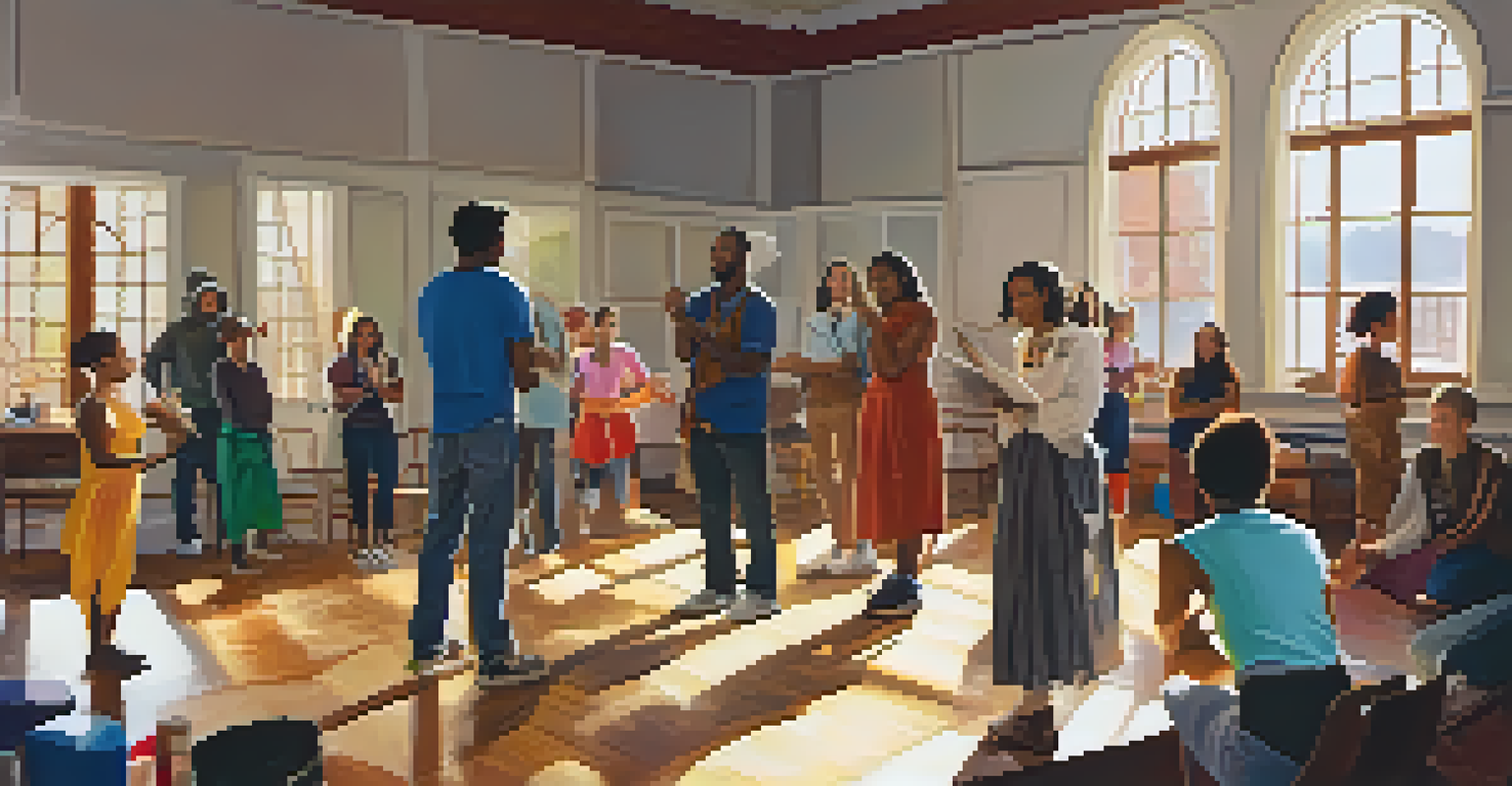 A community theater workshop with diverse participants engaged in acting exercises, surrounded by props and bright natural light.