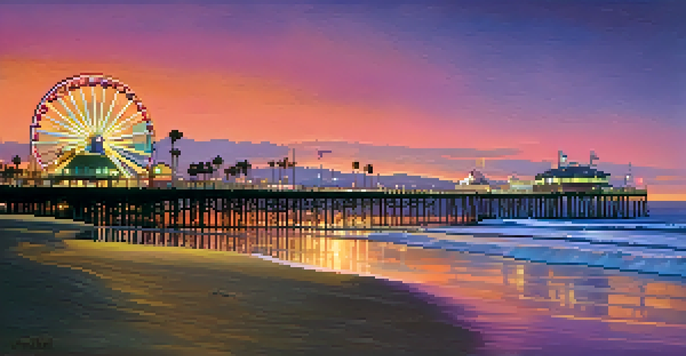 A beautiful sunset over Santa Monica's beach, with orange and pink skies reflecting on the water and palm trees framing the view.