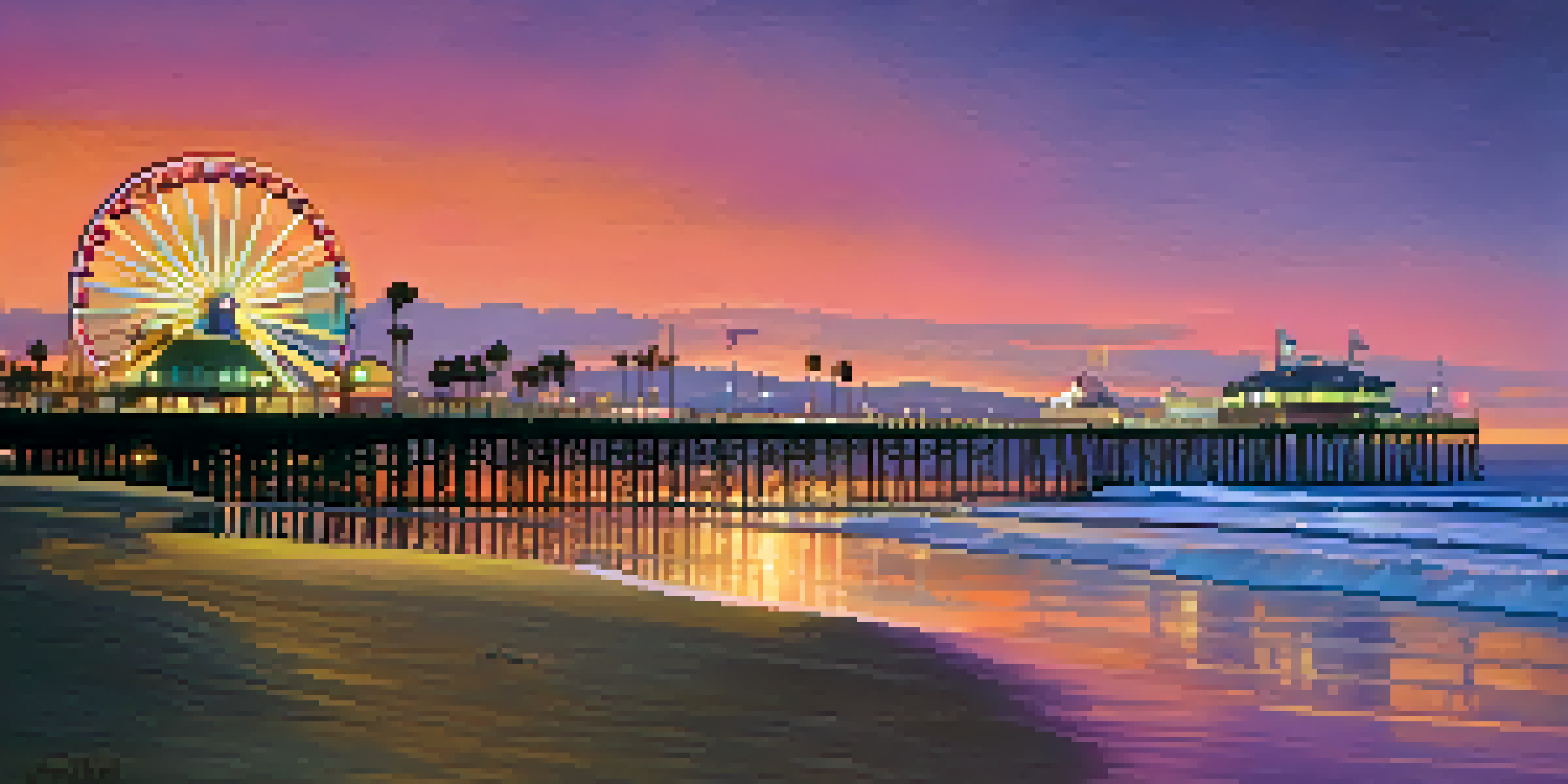 A beautiful sunset over Santa Monica's beach, with orange and pink skies reflecting on the water and palm trees framing the view.