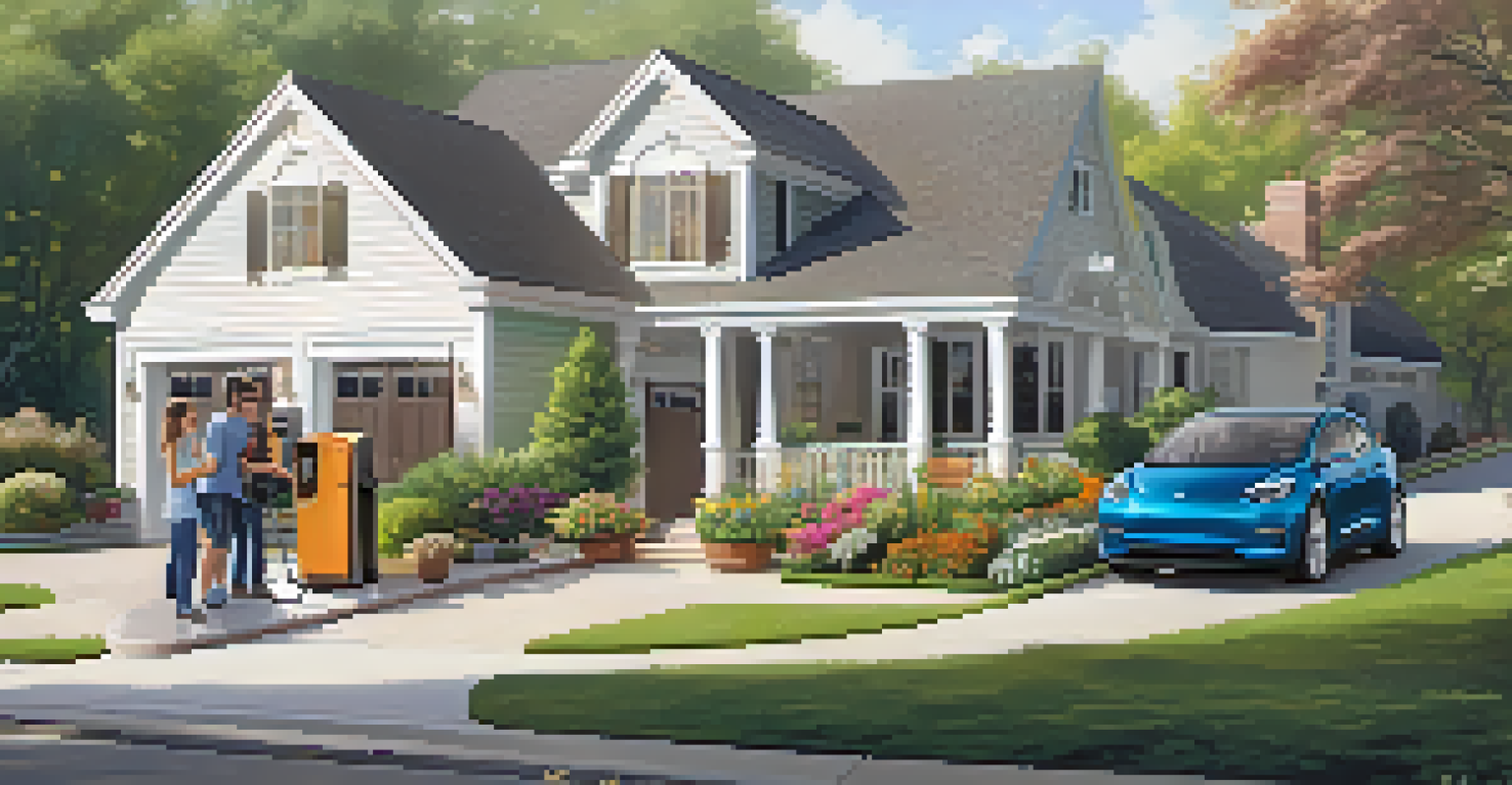 A charming suburban home with a home charging station for electric vehicles, featuring a family unloading groceries from their car.