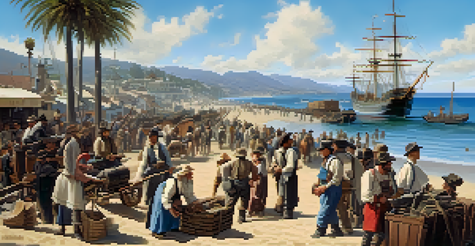 A lively historical scene at Santa Monica's port during the Gold Rush, with miners arriving from ships and merchants selling goods along the beach.