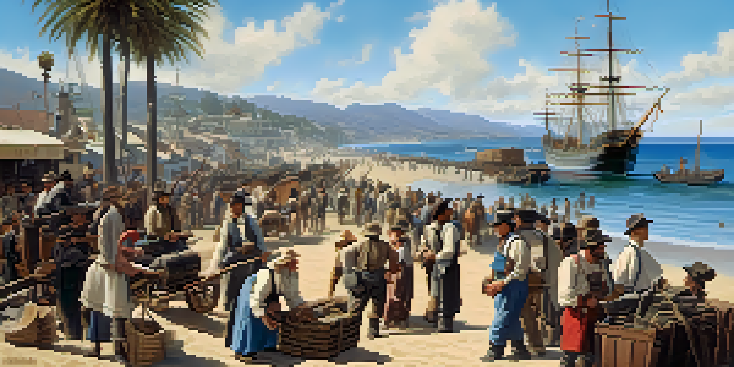 A lively historical scene at Santa Monica's port during the Gold Rush, with miners arriving from ships and merchants selling goods along the beach.