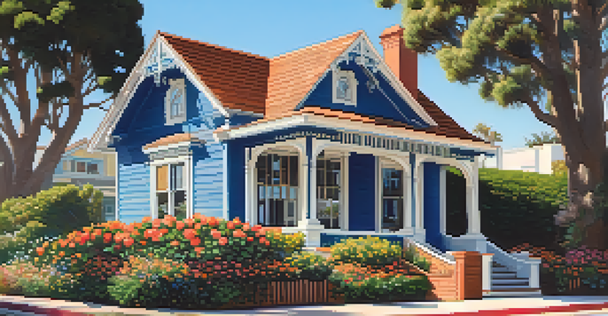 A historic wooden bungalow in Santa Monica with Victorian architectural details, surrounded by greenery and flowers on a sunny day.
