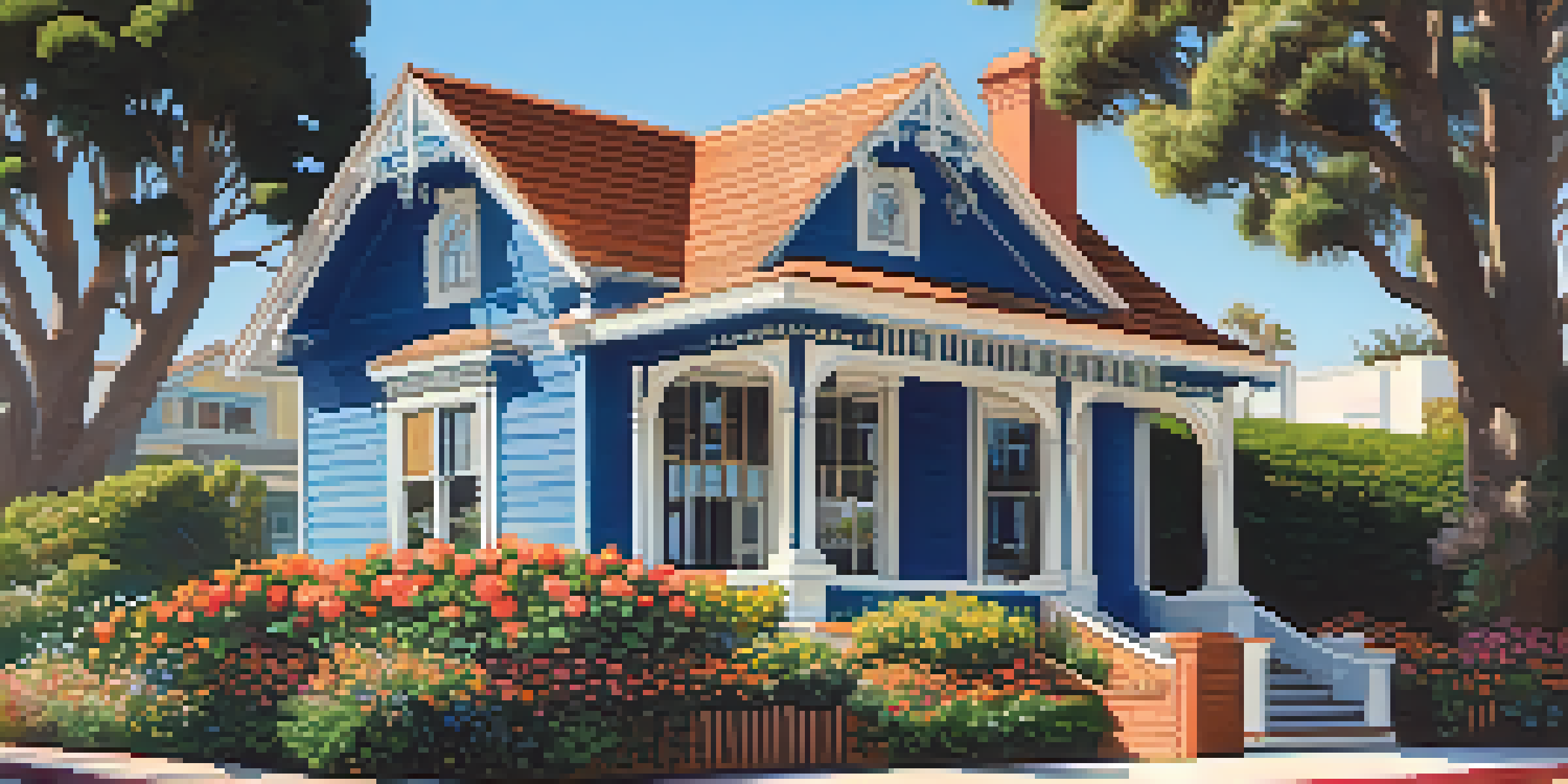 A historic wooden bungalow in Santa Monica with Victorian architectural details, surrounded by greenery and flowers on a sunny day.