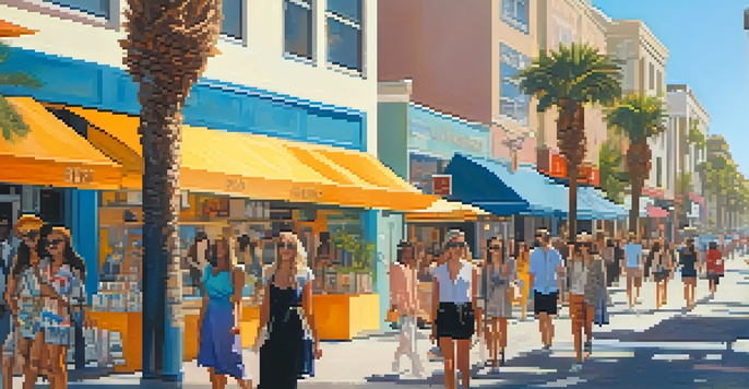 A busy street in Santa Monica filled with colorful shops and fashionable people, under a sunny sky.
