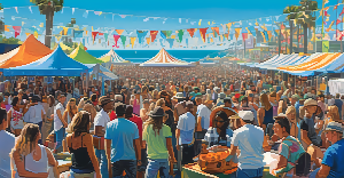 A lively outdoor music festival in Santa Monica with a diverse crowd, colorful banners, and artists performing on stage with the ocean in the background.
