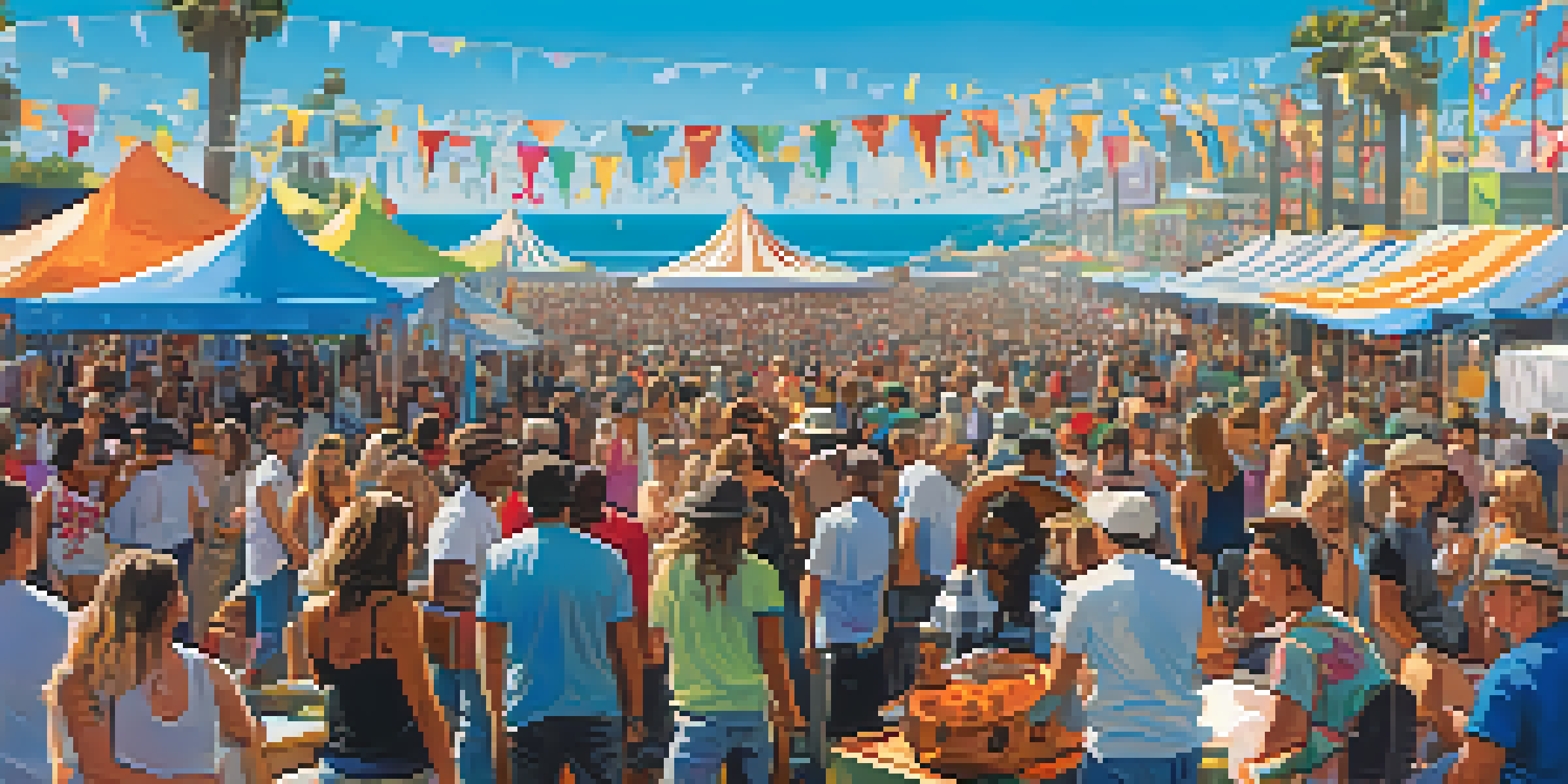 A lively outdoor music festival in Santa Monica with a diverse crowd, colorful banners, and artists performing on stage with the ocean in the background.