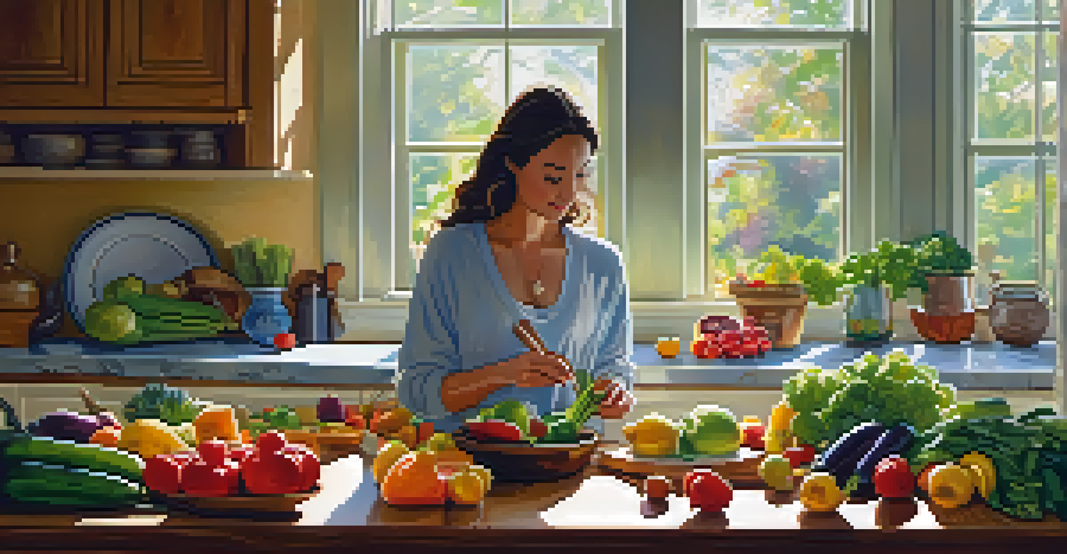 A woman cooking healthy food in a bright kitchen with fresh vegetables and fruits.