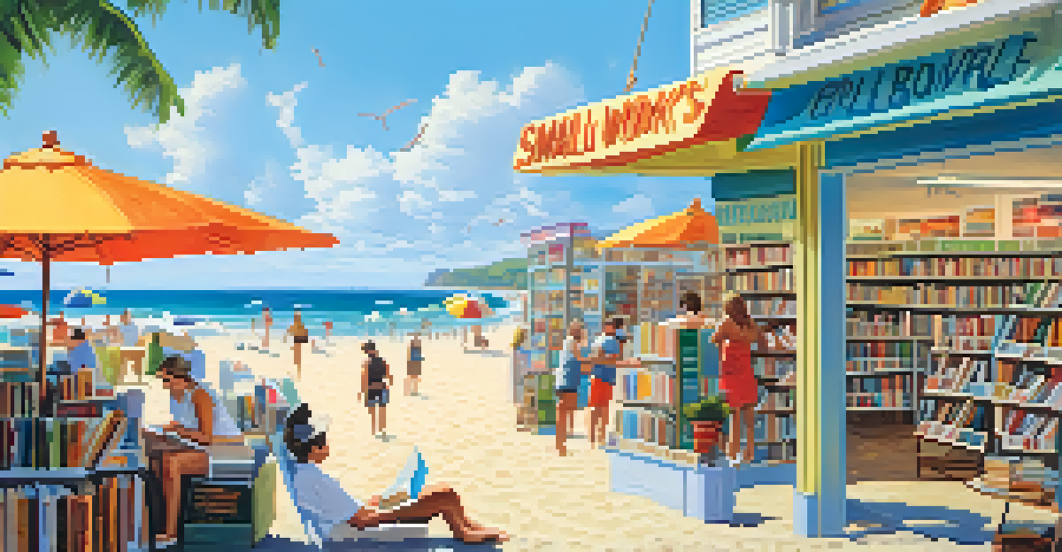 An outdoor view of a beachside bookstore with people browsing books, colorful umbrellas, and the ocean in the background.
