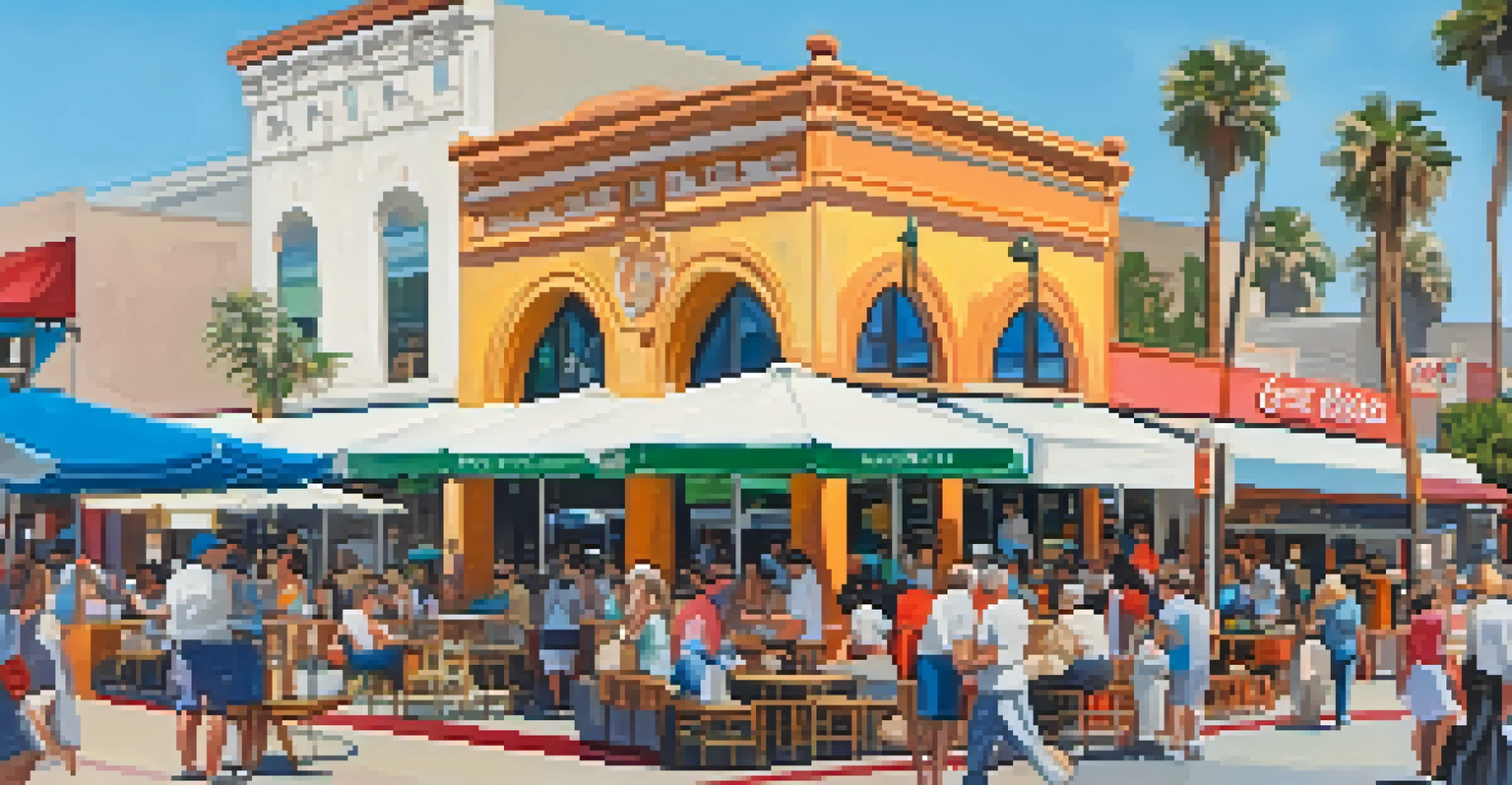 A lively street scene in Downtown Santa Monica with shoppers and outdoor dining.