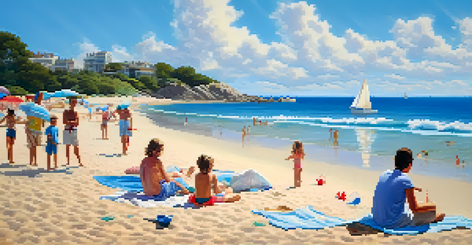 A sunny beach with a family building a sandcastle, surrounded by colorful beach umbrellas and clear blue water.