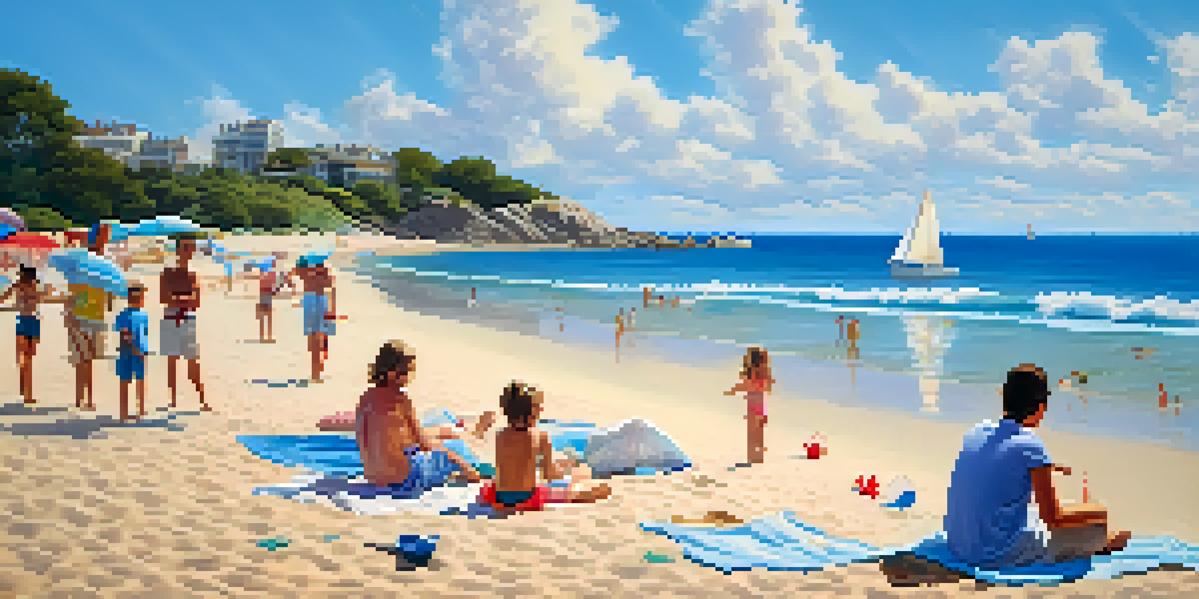 A sunny beach with a family building a sandcastle, surrounded by colorful beach umbrellas and clear blue water.