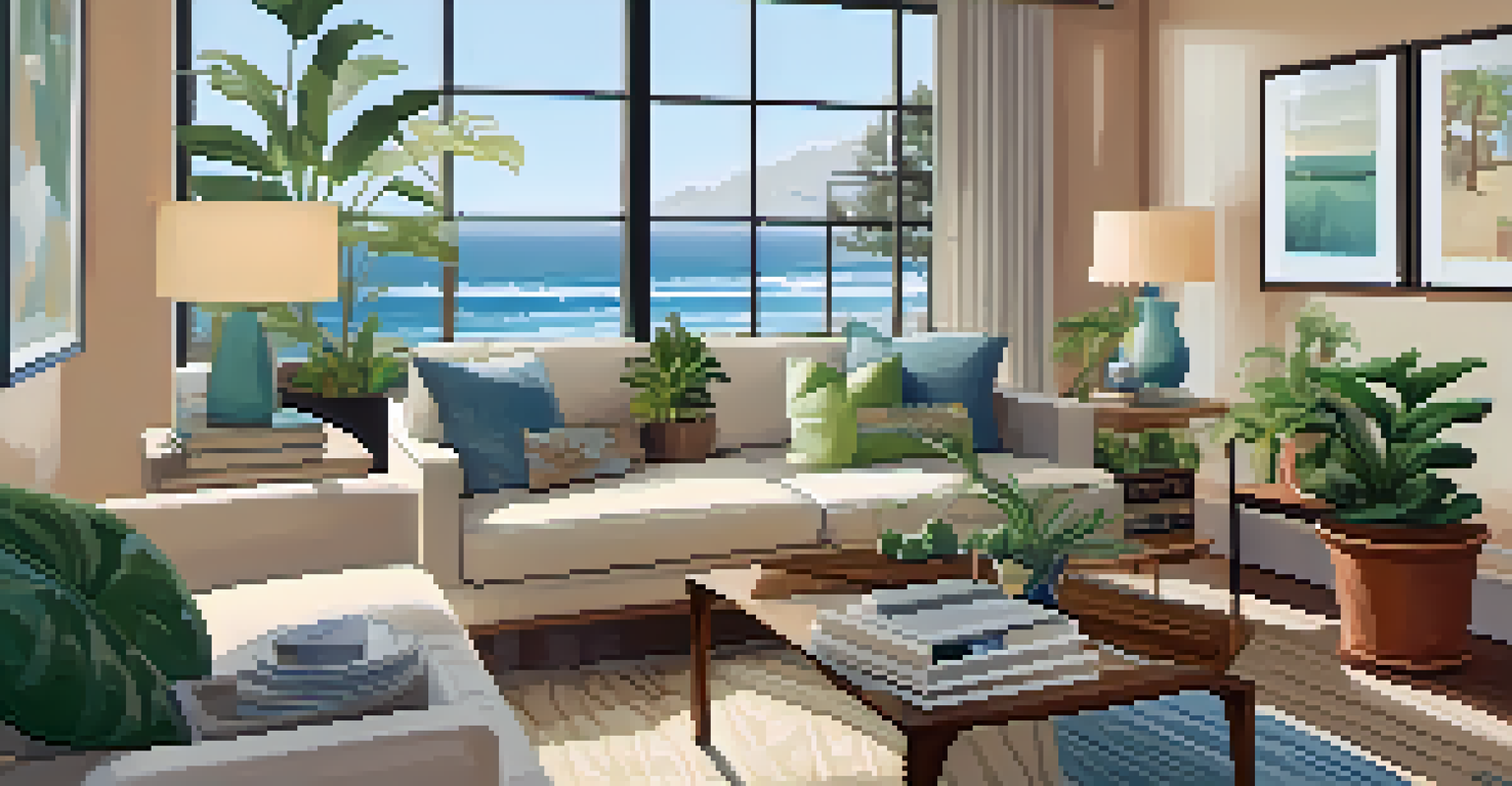 A stylish living room in a Santa Monica vacation rental with beach decor and a view of the ocean.