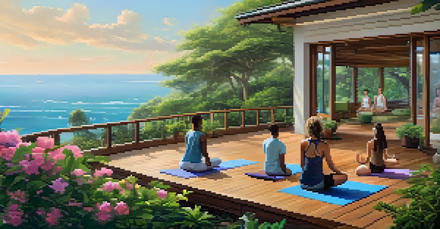 An inviting wellness retreat deck with yoga mats and people meditating, overlooking the ocean with greenery around.