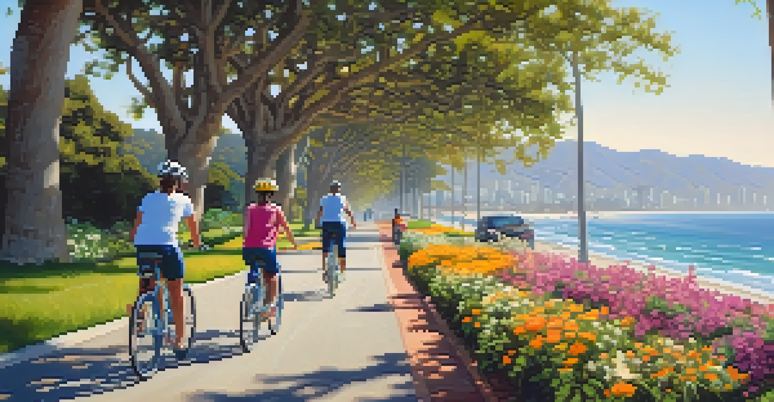 A picturesque bike lane in Santa Monica with cyclists riding and the ocean in the background.