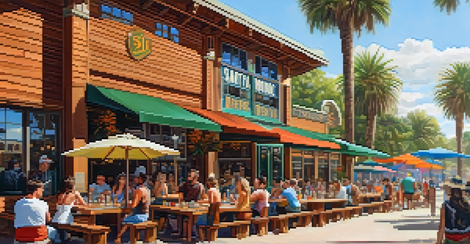 An outdoor brewery scene in Santa Monica with people enjoying craft beer at picnic tables under the sun, surrounded by flowers and palm trees.