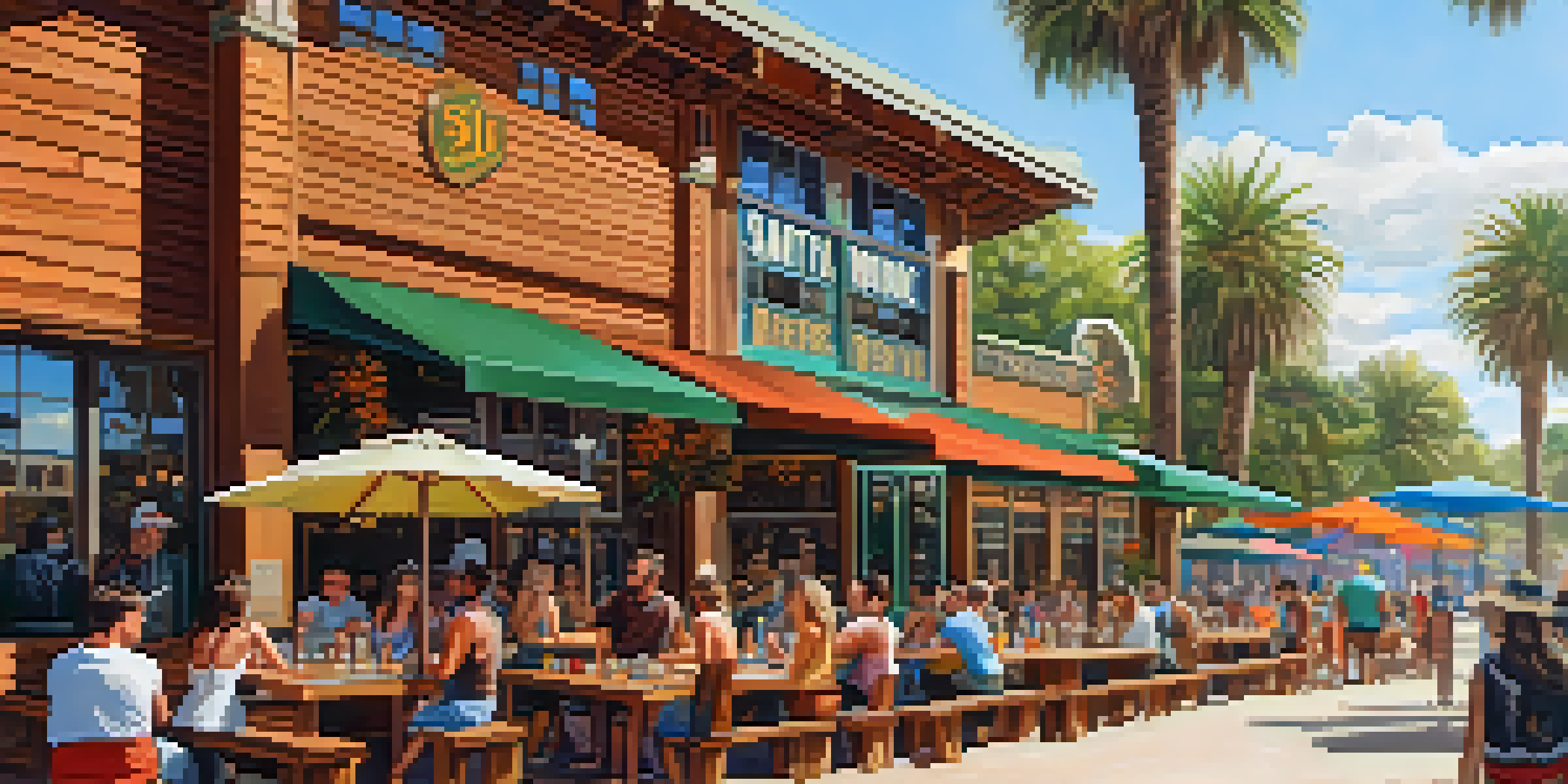 An outdoor brewery scene in Santa Monica with people enjoying craft beer at picnic tables under the sun, surrounded by flowers and palm trees.