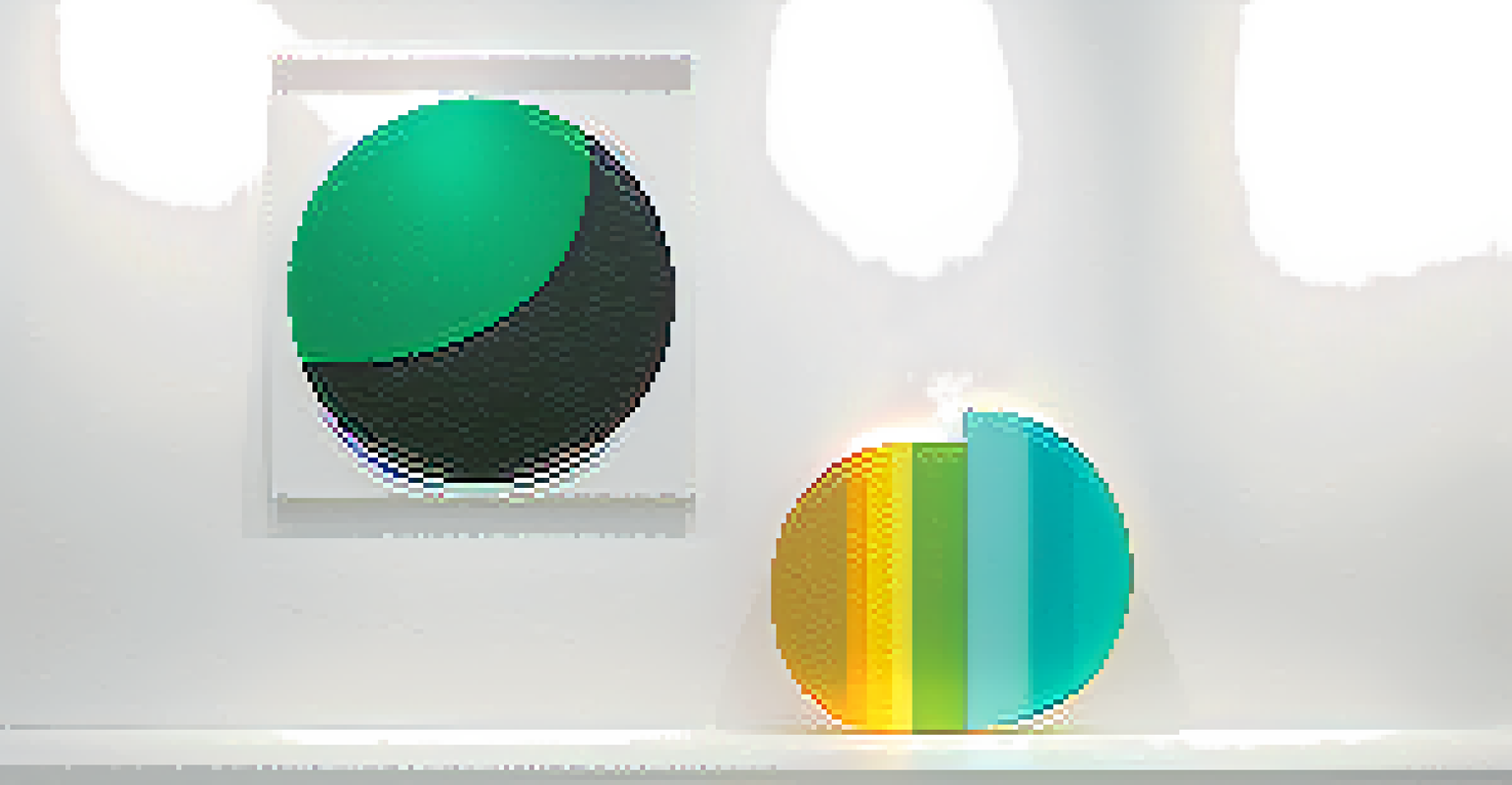 A detailed view of a contemporary art installation featuring geometric shapes and bright colors in a minimalist gallery setting.