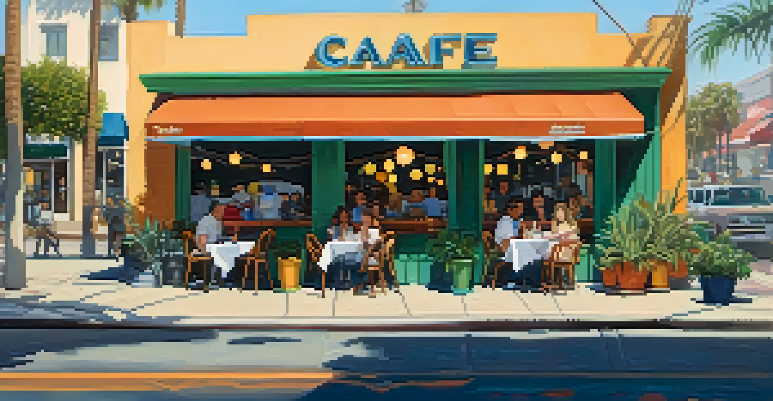 A cozy outdoor café in Santa Monica with customers dining and local artists nearby.