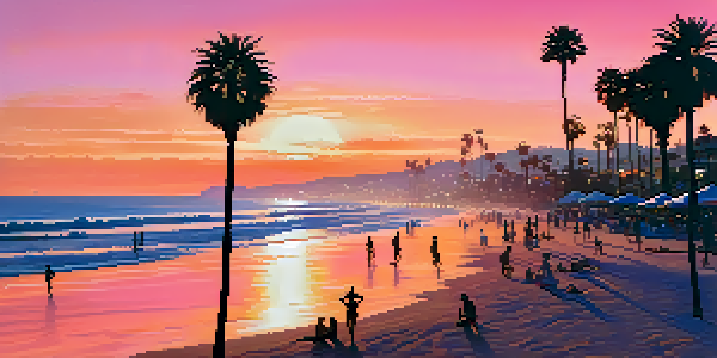 A sunset view of Santa Monica beach with people swimming and sunbathing, framed by palm trees and calm ocean waves.