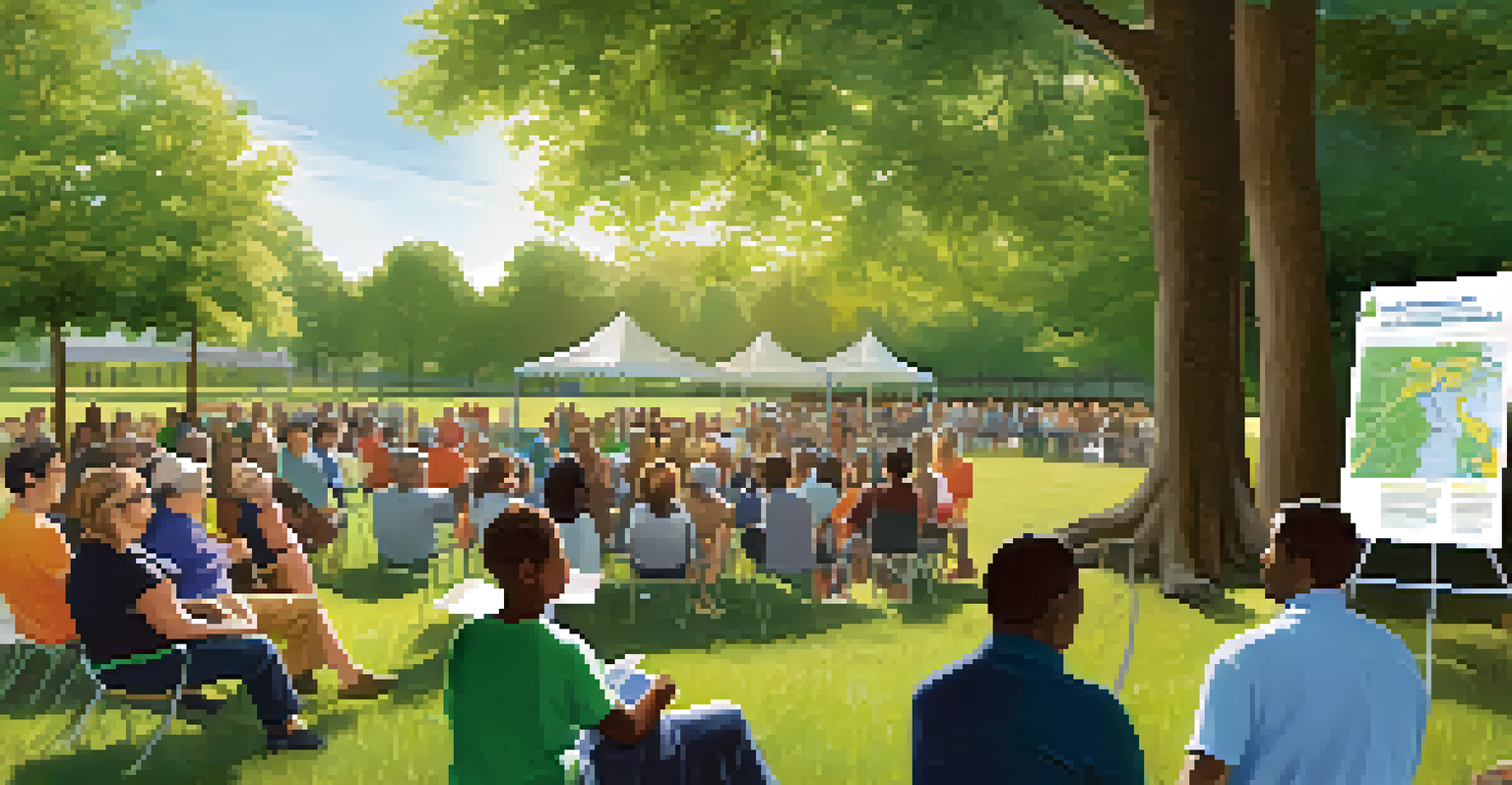 Residents attending a community meeting about solar initiatives in a sunny park.