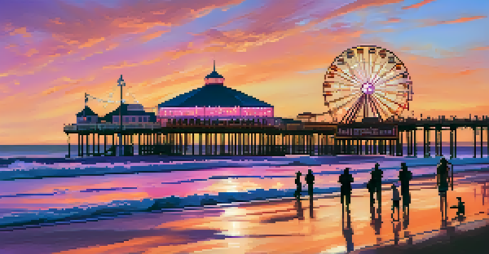 A colorful sunset illuminating Santa Monica Pier with silhouettes of people and the iconic carousel.