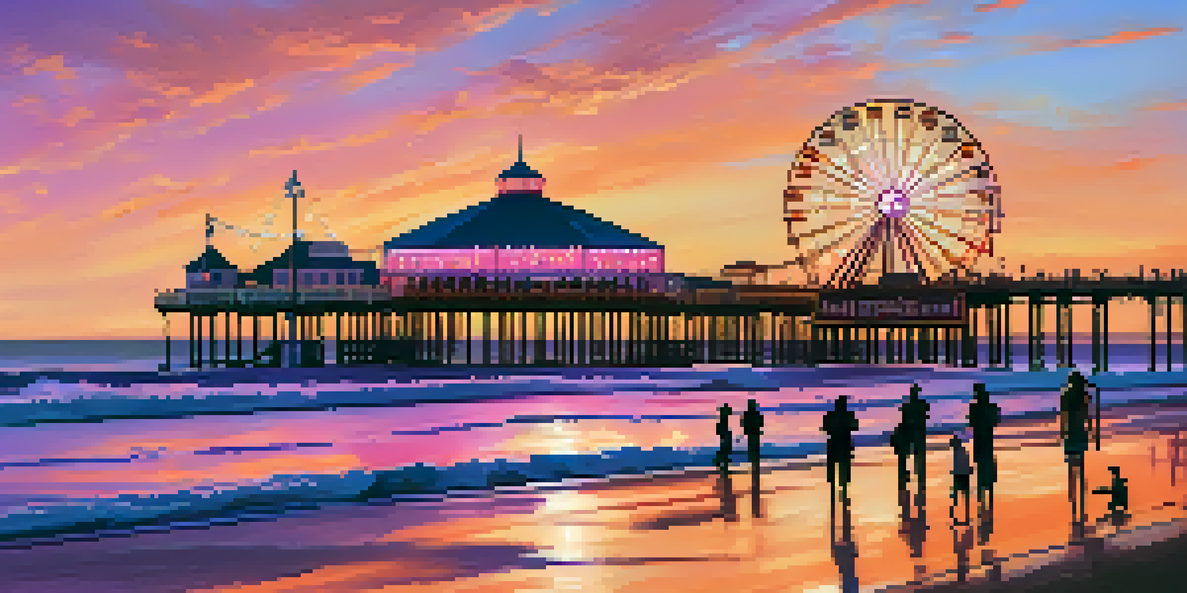 A colorful sunset illuminating Santa Monica Pier with silhouettes of people and the iconic carousel.
